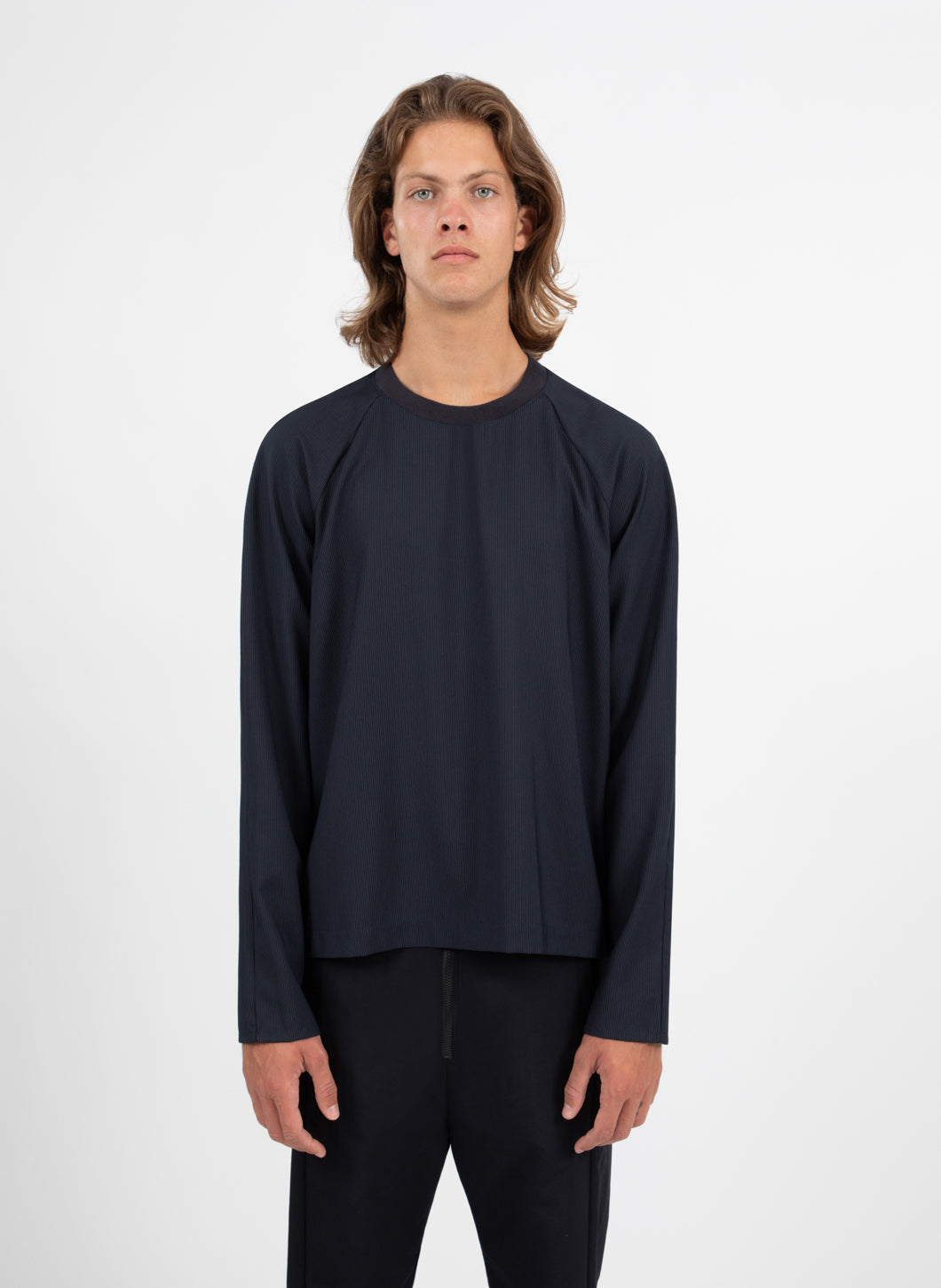 Raglan Sleeve T-Shirt in Navy Fine Stripe Serge Fabric