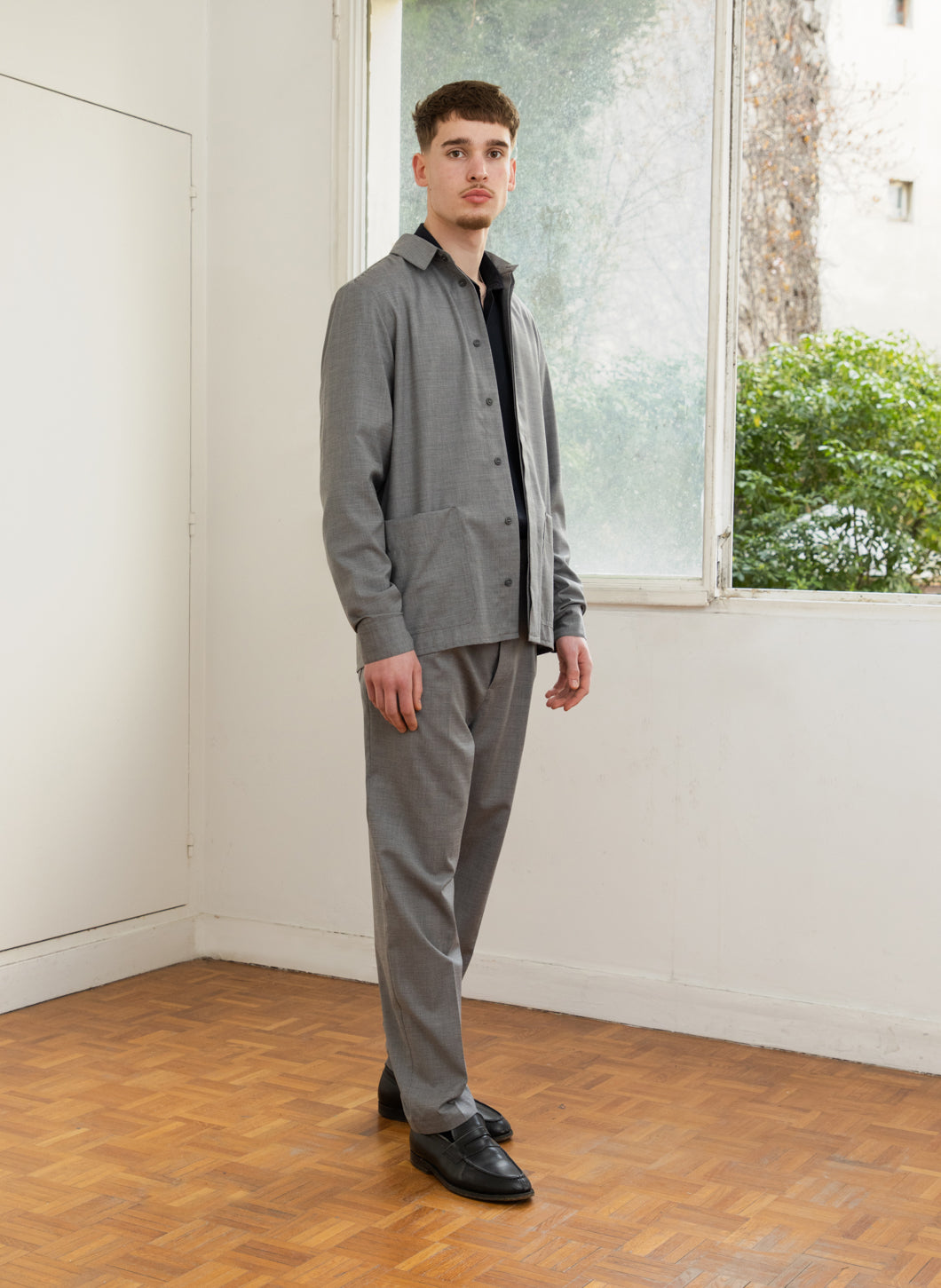 Overshirt with Patch Pockets in Grey End-on-End