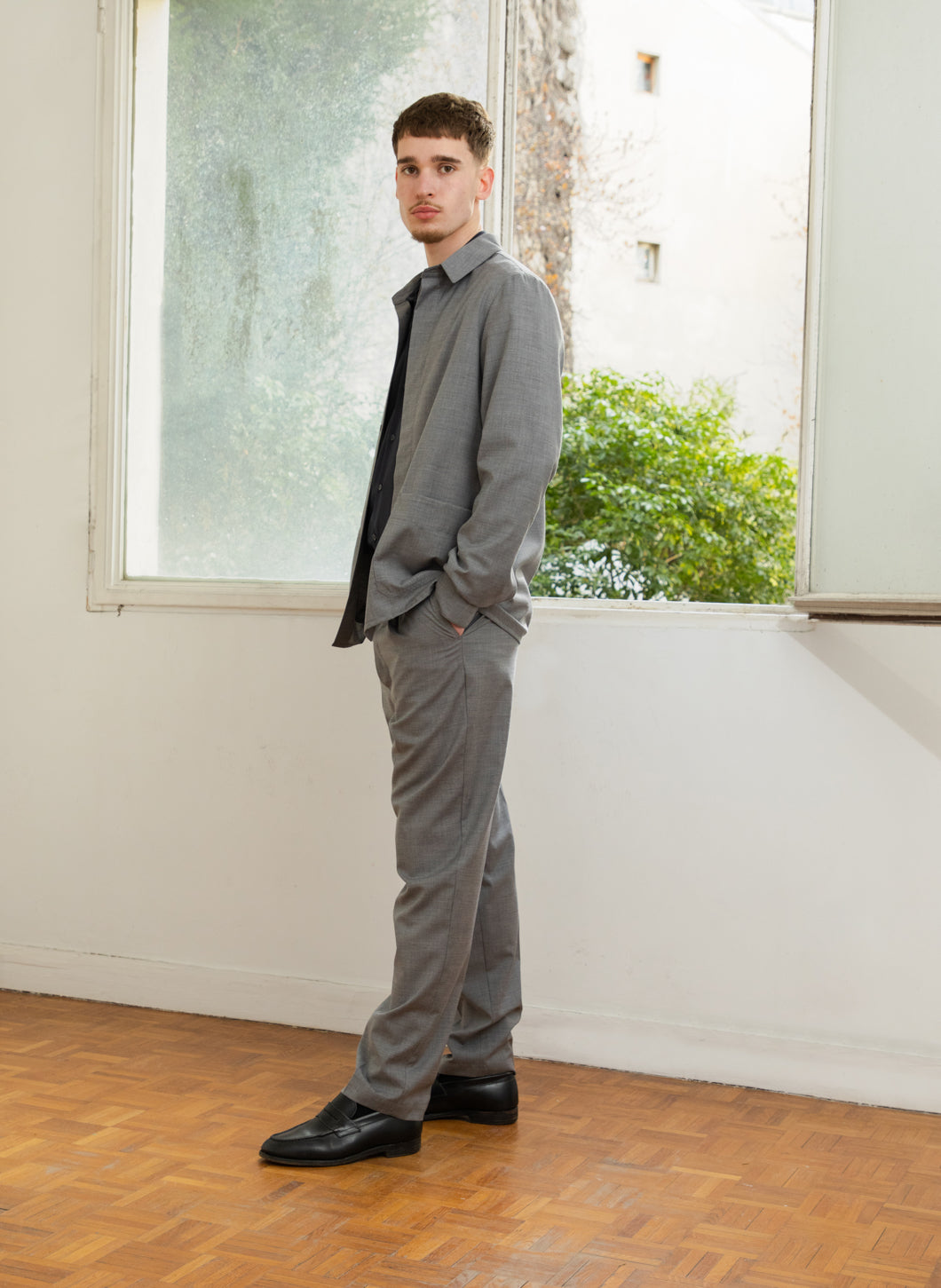 Overshirt with Patch Pockets in Grey End-on-End