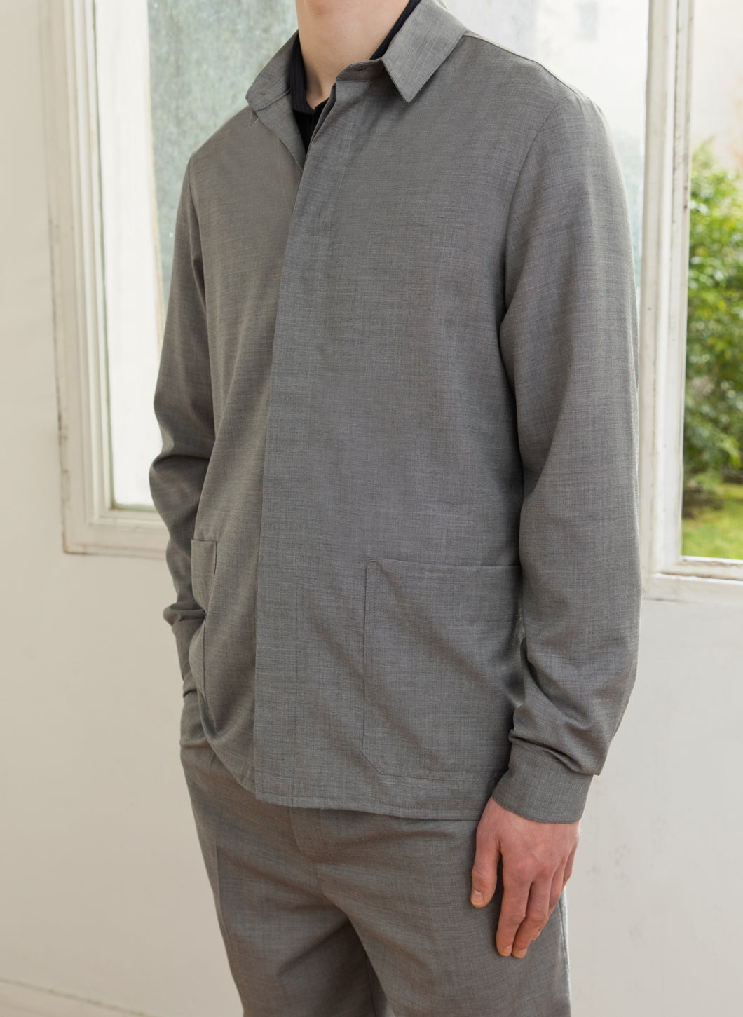 Overshirt with Patch Pockets in Grey End-on-End